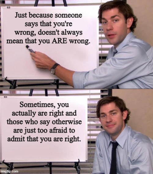 Jim Halpert Explains | Just because someone says that you're wrong, doesn't always mean that you ARE wrong. Sometimes, you actually are right and those who say otherwise are just too afraid to admit that you are right. | image tagged in jim halpert explains,inspirational quote | made w/ Imgflip meme maker