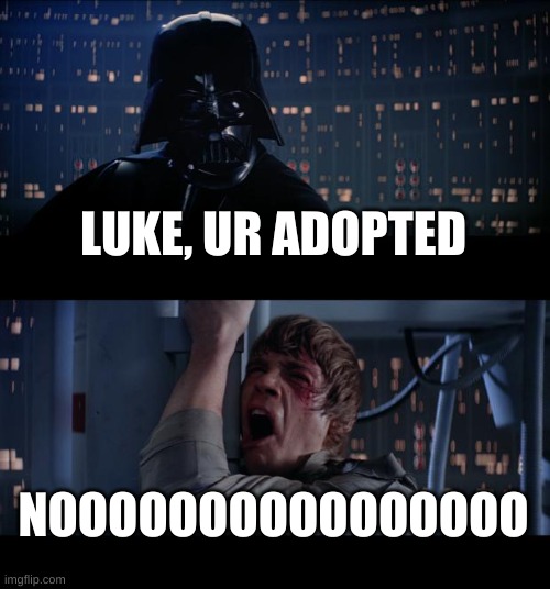 Star Wars No Meme | LUKE, UR ADOPTED; NOOOOOOOOOOOOOOOO | image tagged in memes,star wars no | made w/ Imgflip meme maker