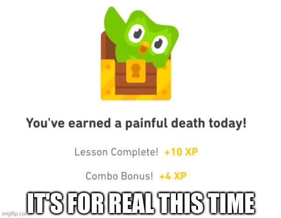 Duo is out to get us | IT'S FOR REAL THIS TIME | image tagged in duolingo bird | made w/ Imgflip meme maker