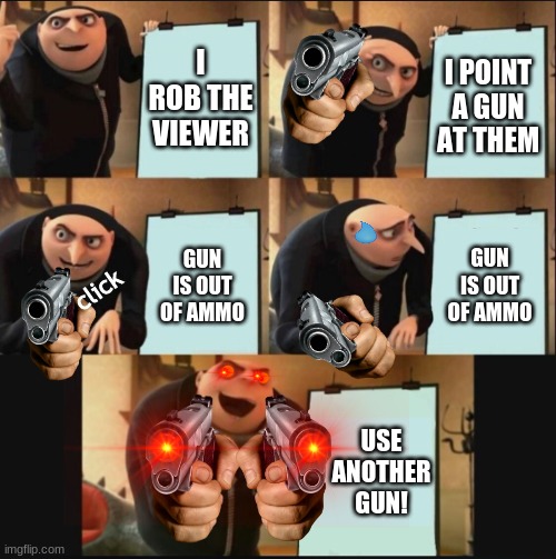 Gru commits armed robbery on the viewer. | I ROB THE VIEWER; I POINT A GUN AT THEM; GUN IS OUT OF AMMO; GUN IS OUT OF AMMO; click; USE ANOTHER GUN! | image tagged in 5 panel gru meme,memes,funny,robbery,depression,click | made w/ Imgflip meme maker