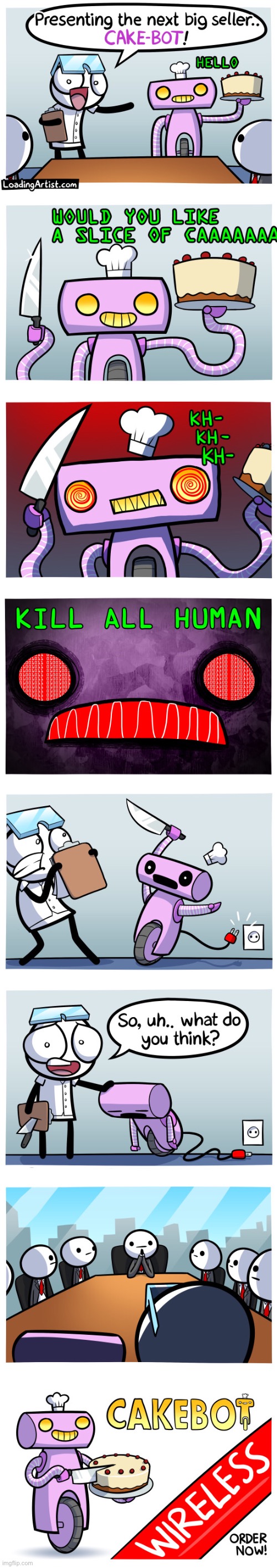 “Cakebot” the wireless killing machine! | image tagged in memes,funny,comics,loading artist,robot,oop | made w/ Imgflip meme maker