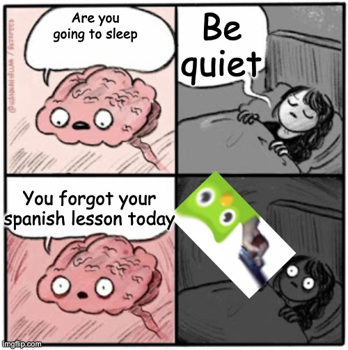 Duolingo noises | Be quiet; Are you going to sleep; You forgot your spanish lesson today | image tagged in brain before sleep | made w/ Imgflip meme maker