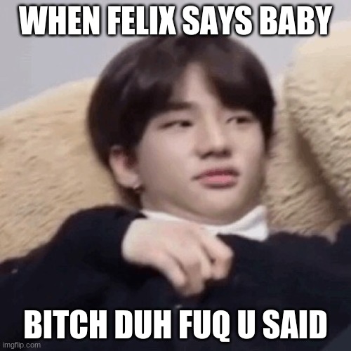 LOL | WHEN FELIX SAYS BABY; BITCH DUH FUQ U SAID | image tagged in hyunjin | made w/ Imgflip meme maker
