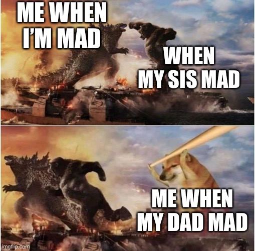 Kong Godzilla Doge |  ME WHEN I’M MAD; WHEN MY SIS MAD; ME WHEN MY DAD MAD | image tagged in kong godzilla doge | made w/ Imgflip meme maker
