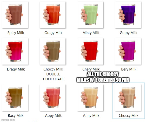 The Choccy Milk Team (FOR NOW) | ALL THE CHOCCY MILKS IV´E CREATED SO FAR | image tagged in choccy milk | made w/ Imgflip meme maker