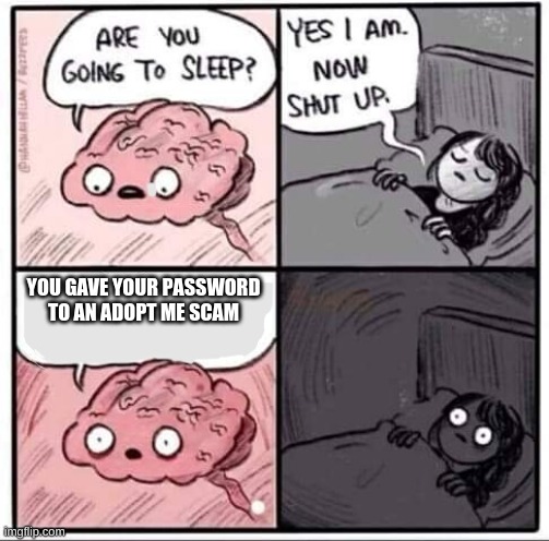 Are you going to sleep? | YOU GAVE YOUR PASSWORD TO AN ADOPT ME SCAM | image tagged in are you going to sleep,roblox | made w/ Imgflip meme maker