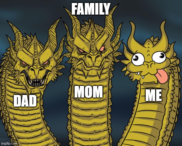 Three-headed Dragon | FAMILY; MOM; ME; DAD | image tagged in three-headed dragon | made w/ Imgflip meme maker