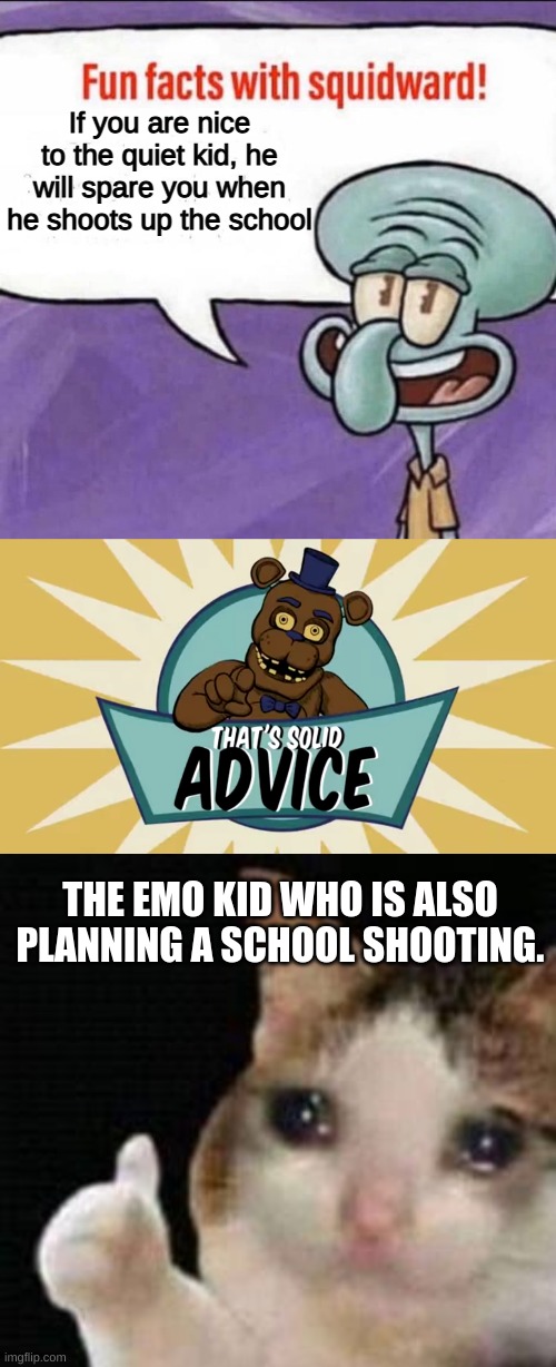 Be nice to BOTH | If you are nice to the quiet kid, he will spare you when he shoots up the school; THE EMO KID WHO IS ALSO PLANNING A SCHOOL SHOOTING. | image tagged in fun facts with squidward,approved crying cat | made w/ Imgflip meme maker