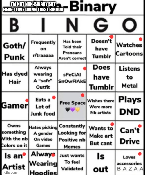 Non-binary bingo♡ | I'M NOT NON-BINARY BUT HERE-I LOVE DOING THESE BINGOS | image tagged in non-binary bingo | made w/ Imgflip meme maker