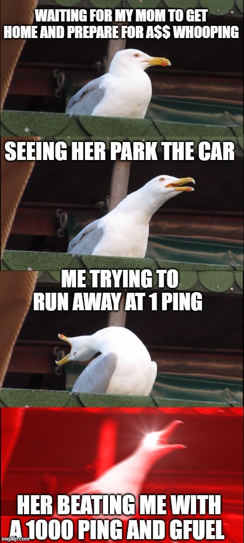 Inhaling Seagull Meme | WAITING FOR MY MOM TO GET HOME AND PREPARE FOR A$$ WHOOPING; SEEING HER PARK THE CAR; ME TRYING TO RUN AWAY AT 1 PING; HER BEATING ME WITH A 1000 PING AND FUEL | image tagged in memes,inhaling seagull | made w/ Imgflip meme maker
