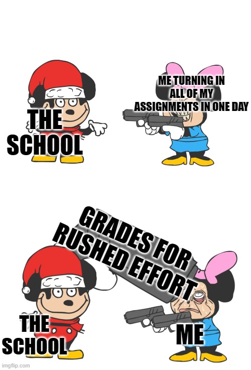 mokey mouse | THE SCHOOL; ME TURNING IN ALL OF MY ASSIGNMENTS IN ONE DAY; GRADES FOR RUSHED EFFORT; THE SCHOOL; ME | image tagged in mokey mouse | made w/ Imgflip meme maker