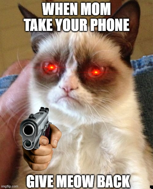 meow | WHEN MOM TAKE YOUR PHONE; GIVE MEOW BACK | image tagged in memes,grumpy cat | made w/ Imgflip meme maker