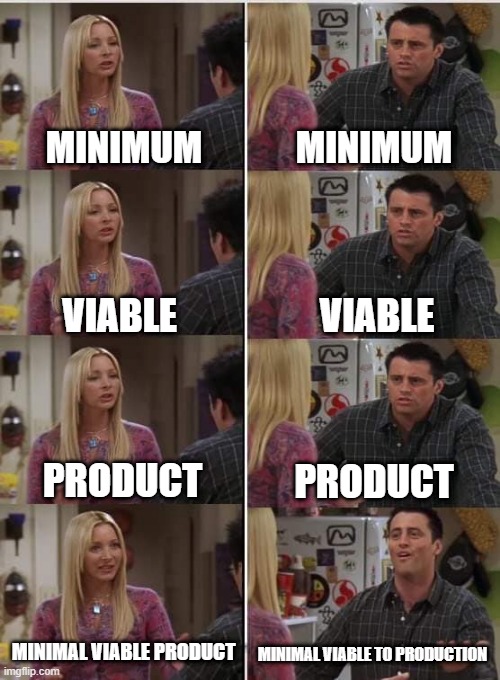 Phoebe Joey | MINIMUM; MINIMUM; VIABLE; VIABLE; PRODUCT; PRODUCT; MINIMAL VIABLE PRODUCT; MINIMAL VIABLE TO PRODUCTION | image tagged in phoebe joey,ProgrammerHumor | made w/ Imgflip meme maker
