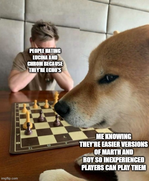 Smug Dog Chess Master | PEOPLE HATING LUCINA AND CHROM BECAUSE THEY'RE ECHO'S; ME KNOWING THEY'RE EASIER VERSIONS OF MARTH AND ROY SO INEXPERIENCED PLAYERS CAN PLAY THEM | image tagged in smug dog chess master | made w/ Imgflip meme maker