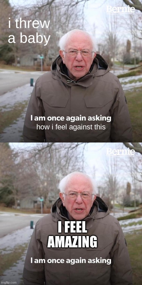 i threw a baby; how i feel against this; I FEEL AMAZING | image tagged in memes,bernie i am once again asking for your support | made w/ Imgflip meme maker