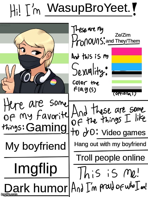 I'm about 95% sure I'm pan | WasupBroYeet. Ze/Zim and They/Them; Gaming; Video games; My boyfriend; Hang out with my boyfriend; Troll people online; Imgflip; Dark humor | image tagged in lgbtq stream account profile | made w/ Imgflip meme maker