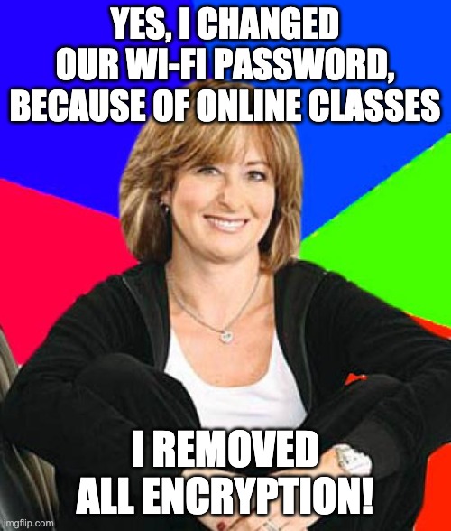 Sheltering Suburban Mom Meme | YES, I CHANGED OUR WI-FI PASSWORD, BECAUSE OF ONLINE CLASSES I REMOVED ALL ENCRYPTION! | image tagged in memes,sheltering suburban mom | made w/ Imgflip meme maker