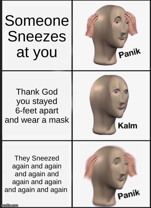 Stay 6-feet apart | Someone Sneezes at you; Thank God you stayed 6-feet apart and wear a mask; They Sneezed again and again and again and again and again and again and again | image tagged in memes,panik kalm panik,covid-19,stay home | made w/ Imgflip meme maker