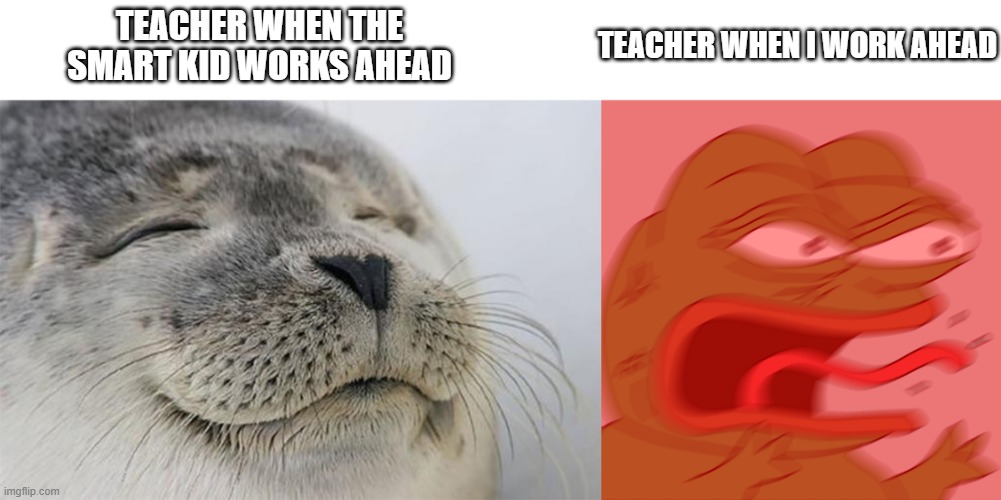 TEACHER WHEN I WORK AHEAD; TEACHER WHEN THE SMART KID WORKS AHEAD | image tagged in memes,satisfied seal,rage pepe,gifs,pie charts,ha ha tags go brr | made w/ Imgflip meme maker