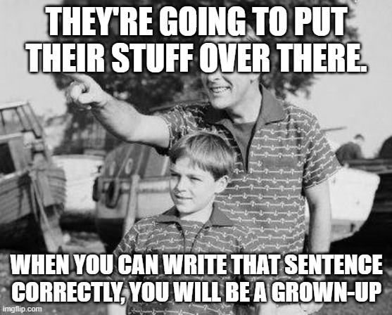 yeah, i'm one of those jerks ;-) | THEY'RE GOING TO PUT THEIR STUFF OVER THERE. WHEN YOU CAN WRITE THAT SENTENCE CORRECTLY, YOU WILL BE A GROWN-UP | image tagged in memes,look son,they're,their,there,grammar | made w/ Imgflip meme maker