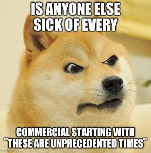 i am sick of it | IS ANYONE ELSE SICK OF EVERY; COMMERCIAL STARTING WITH ¨THESE ARE UNPRECEDENTED TIMES¨ | image tagged in confused angery doge,carrona,commercial | made w/ Imgflip meme maker