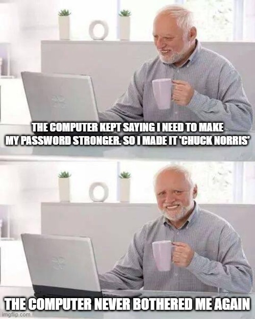 chuck norton internet security | THE COMPUTER KEPT SAYING I NEED TO MAKE MY PASSWORD STRONGER. SO I MADE IT 'CHUCK NORRIS'; THE COMPUTER NEVER BOTHERED ME AGAIN | image tagged in memes,hide the pain harold,chuck norris | made w/ Imgflip meme maker