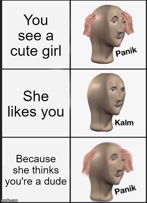 don't worry, no one would ever like me for any reason |  You see a cute girl; She likes you; Because she thinks you're a dude | image tagged in memes,panik kalm panik | made w/ Imgflip meme maker