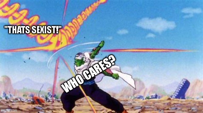 piccolo deflecting balls | "THATS SEXIST!"; WHO CARES? | image tagged in piccolo deflecting balls | made w/ Imgflip meme maker