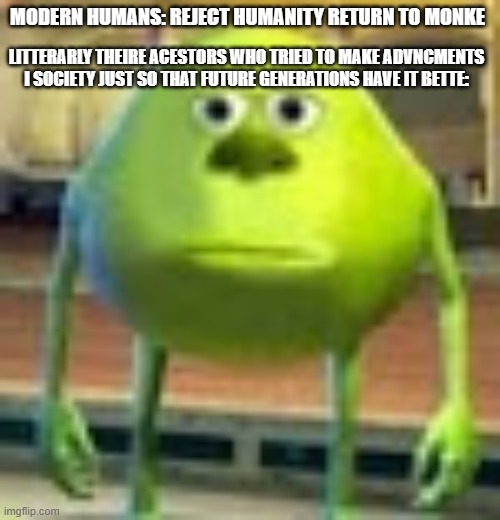Bruh | MODERN HUMANS: REJECT HUMANITY RETURN TO MONKE; LITTERARLY THEIRE ACESTORS WHO TRIED TO MAKE ADVNCMENTS I SOCIETY JUST SO THAT FUTURE GENERATIONS HAVE IT BETTE: | image tagged in sully wazowski,funny memes | made w/ Imgflip meme maker
