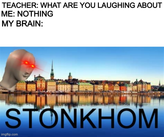 TEACHER: WHAT ARE YOU LAUGHING ABOUT; ME: NOTHING; MY BRAIN: | image tagged in blank white template | made w/ Imgflip meme maker
