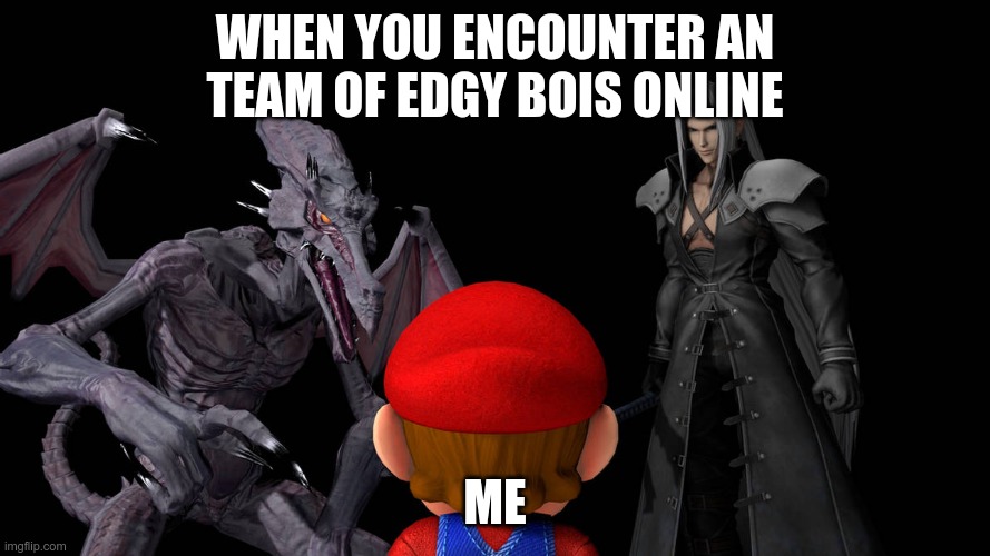 Edgy Bois | WHEN YOU ENCOUNTER AN TEAM OF EDGY BOIS ONLINE; ME | image tagged in sephiroth,mario,ridley | made w/ Imgflip meme maker