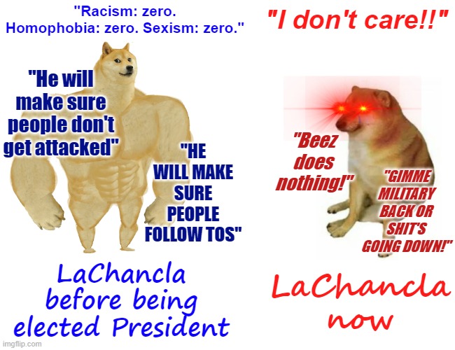 Many of us voted for LaChancla to defeat WhiteNationalist and what he stands for. But he didn't keep his promises. | "Racism: zero. Homophobia: zero. Sexism: zero."; "I don't care!!"; "He will make sure people don't get attacked"; "Beez does nothing!"; "HE WILL MAKE SURE PEOPLE FOLLOW TOS"; "GIMME MILITARY BACK OR SHIT'S GOING DOWN!"; LaChancla before being elected President; LaChancla now | image tagged in memes,buff doge vs cheems,president,racism,sexism,homophobia | made w/ Imgflip meme maker