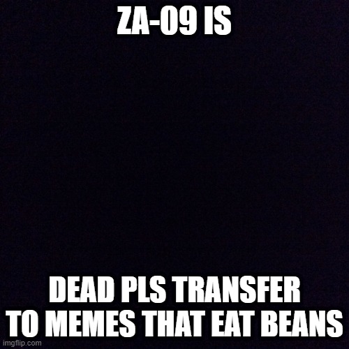 Black screen  | ZA-09 IS; DEAD PLS TRANSFER TO MEMES THAT EAT BEANS | image tagged in black screen | made w/ Imgflip meme maker