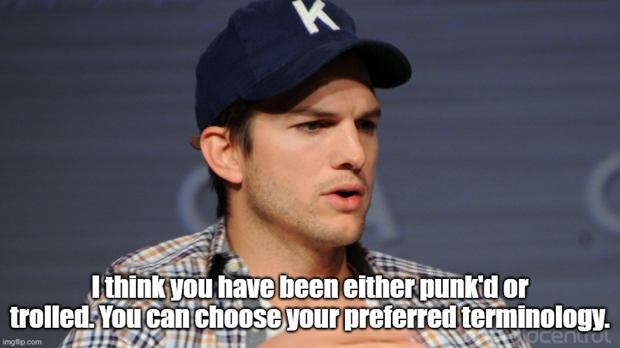 ashton kutcher  | I think you have been either punk'd or trolled. You can choose your preferred terminology. | image tagged in ashton kutcher | made w/ Imgflip meme maker