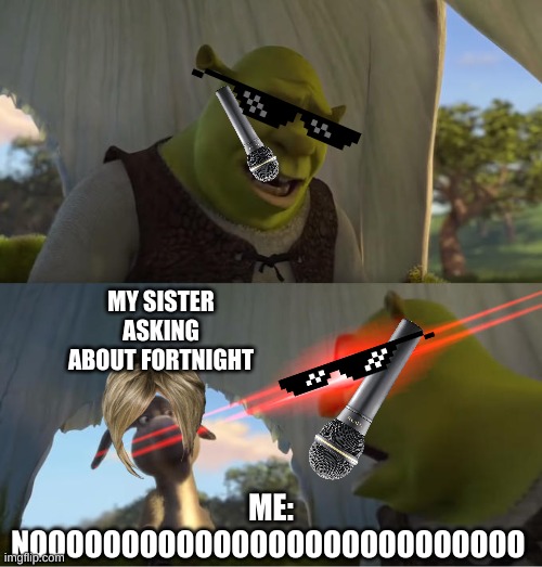 Shrek For Five Minutes | MY SISTER ASKING ABOUT FORTNIGHT; ME: NOOOOOOOOOOOOOOOOOOOOOOOOOOO | image tagged in shrek for five minutes | made w/ Imgflip meme maker