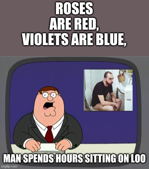 Peter Griffin News | ROSES ARE RED, VIOLETS ARE BLUE, MAN SPENDS HOURS SITTING ON LOO | image tagged in memes,peter griffin news | made w/ Imgflip meme maker