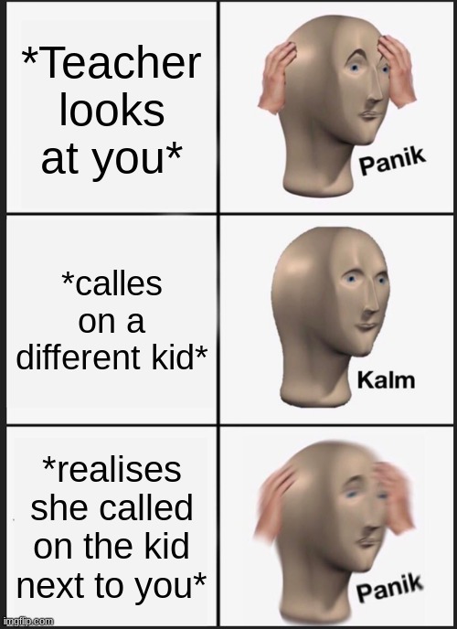 its a sign | *Teacher looks at you*; *calles on a different kid*; *realises she called on the kid next to you* | image tagged in memes,panik kalm panik | made w/ Imgflip meme maker