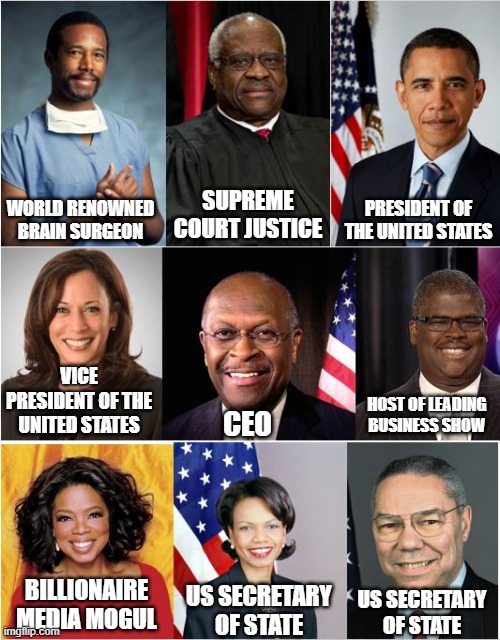 The US is racist (eyeroll) | SUPREME COURT JUSTICE; WORLD RENOWNED BRAIN SURGEON; PRESIDENT OF THE UNITED STATES; VICE PRESIDENT OF THE UNITED STATES; HOST OF LEADING BUSINESS SHOW; CEO; BILLIONAIRE MEDIA MOGUL; US SECRETARY OF STATE; US SECRETARY OF STATE | made w/ Imgflip meme maker