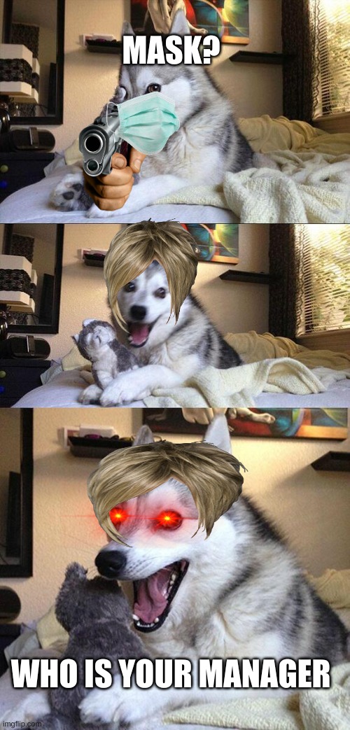 Bad Pun Dog | MASK? WHO IS YOUR MANAGER | image tagged in memes,bad pun dog | made w/ Imgflip meme maker