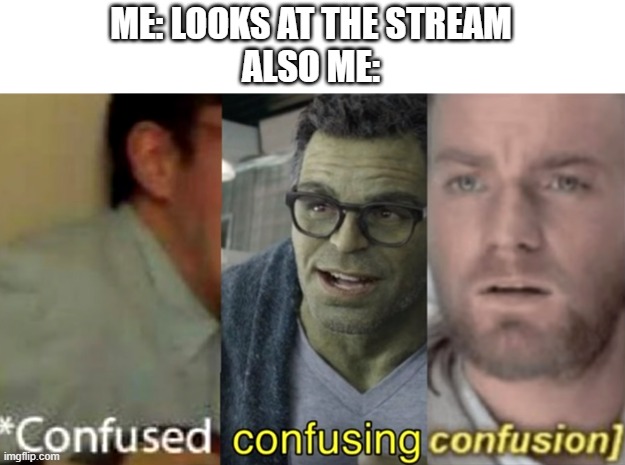 confused confusing confusion | ME: LOOKS AT THE STREAM
ALSO ME: | image tagged in confused confusing confusion | made w/ Imgflip meme maker