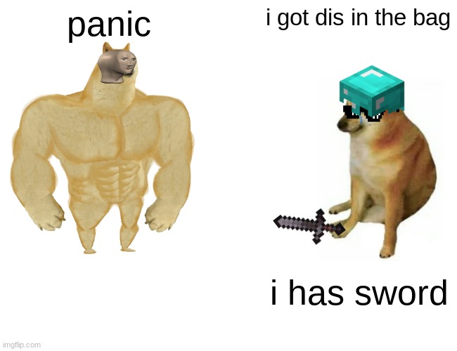 Buff Doge vs. Cheems | panic; i got dis in the bag; i has sword | image tagged in memes,buff doge vs cheems | made w/ Imgflip meme maker