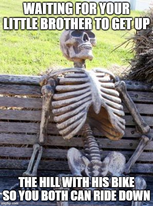 Waiting Skeleton | WAITING FOR YOUR LITTLE BROTHER TO GET UP; THE HILL WITH HIS BIKE SO YOU BOTH CAN RIDE DOWN | image tagged in memes,waiting skeleton,time | made w/ Imgflip meme maker