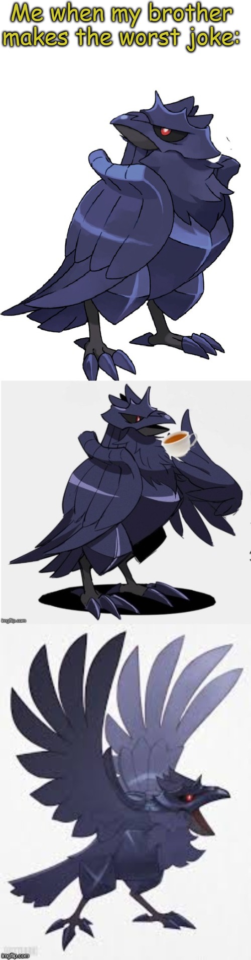 Reality go brr | Me when my brother makes the worst joke: | image tagged in bad pun ttdc,bad joke,corviknight,corviknight memes,funny,memes | made w/ Imgflip meme maker