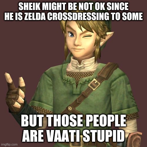 boo to the people who are against crossdressing | SHEIK MIGHT BE NOT OK SINCE HE IS ZELDA CROSSDRESSING TO SOME; BUT THOSE PEOPLE ARE VAATI STUPID | image tagged in zelda | made w/ Imgflip meme maker