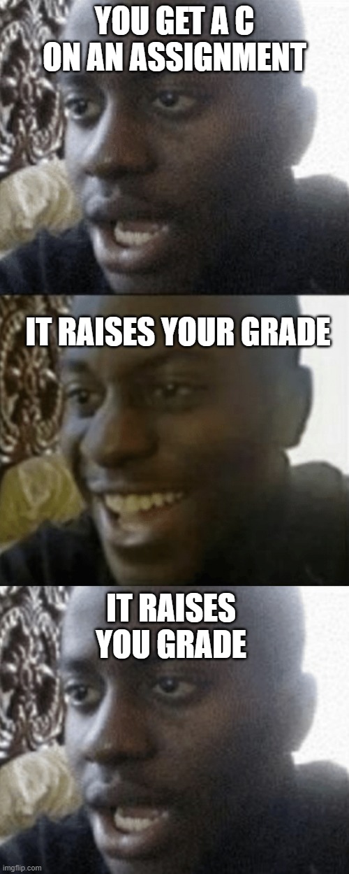 Grades | YOU GET A C ON AN ASSIGNMENT; IT RAISES YOUR GRADE; IT RAISES YOU GRADE | image tagged in sad/happy | made w/ Imgflip meme maker