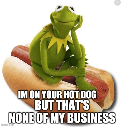 Kermit's hot dog house be like: | IM ON YOUR HOT DOG; BUT THAT'S NONE OF MY BUSINESS | image tagged in kermit on a hot dog | made w/ Imgflip meme maker