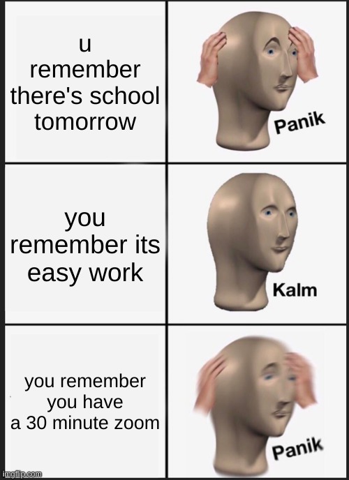 why do zooms exist | u remember there's school tomorrow; you remember its easy work; you remember you have a 30 minute zoom | image tagged in memes,panik kalm panik,online school | made w/ Imgflip meme maker