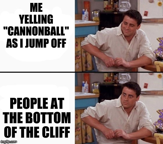 Comprehending Joey | ME YELLING "CANNONBALL" AS I JUMP OFF; PEOPLE AT THE BOTTOM OF THE CLIFF | image tagged in comprehending joey | made w/ Imgflip meme maker