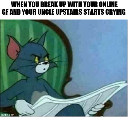 Interrupting Tom's Read | WHEN YOU BREAK UP WITH YOUR ONLINE GF AND YOUR UNCLE UPSTAIRS STARTS CRYING | image tagged in interrupting tom's read | made w/ Imgflip meme maker