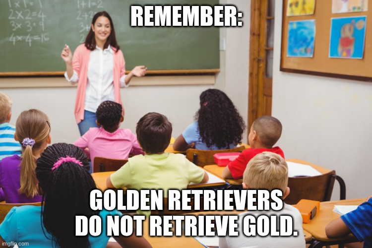 Teachers explaining the non-obvious. |  REMEMBER:; GOLDEN RETRIEVERS DO NOT RETRIEVE GOLD. | image tagged in golden retriever,gold,teachers | made w/ Imgflip meme maker